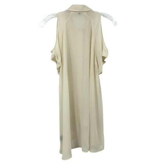 Monteau Top Cream Cold Shoulder High Low Sheer Chiffon Button Up Short Sleeve M - Picture 5 of 9
